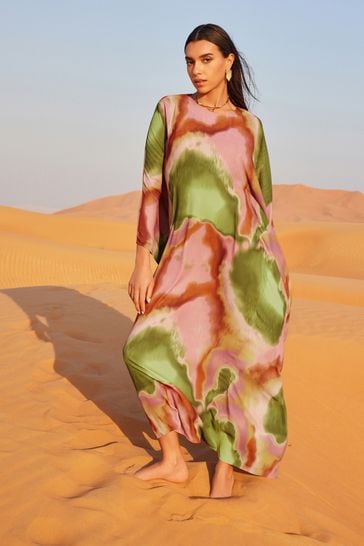 Multi Smudge Print Long Sleeve Sheer Kaftan Midi Dress