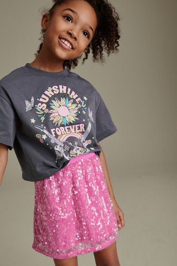 Pink Grey Flower T-Shirts And Pink Sequin Skirt Set (3-16yrs)