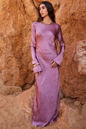 Rose Pink Maxi Long Sleeve Metallic Column Dress