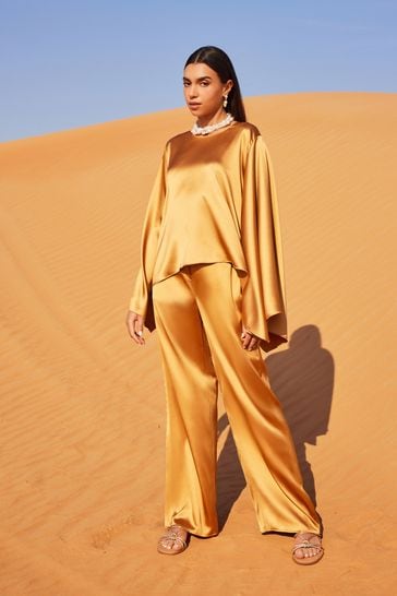 Gold Satin Elasticated Wide Leg Trousers