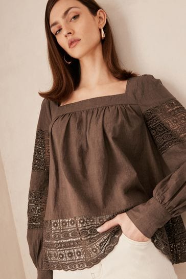 Chocolate Brown Premium Long Sleeve Embroidered Lace Square Neck Blouse