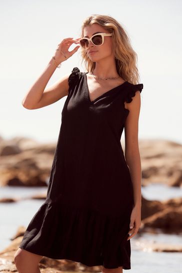 Black Linen V-Neck Blend Summer Sleeveless Shift Dress