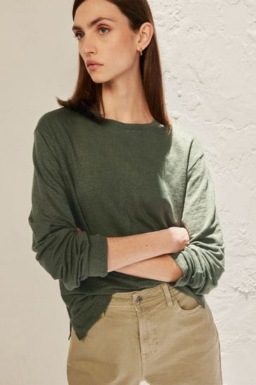 Camiseta de cuello redondo 100% de lino de manga larga en color verde caqui