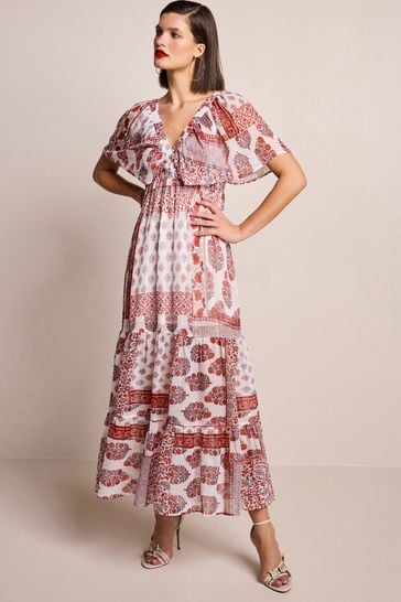 Red and White Print Angel Sleeve Tiered Maxi Dress