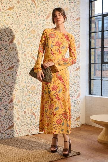 Seasons of May Morris & Co. Yellow Floral Long Sleeve Column Maxi Dress