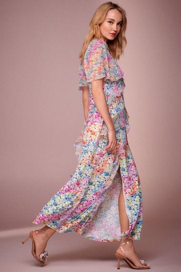 Multi Floral Print Square Neck Ruffle Midi Dress