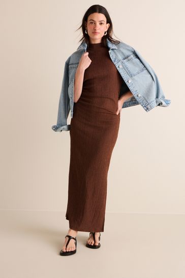 Rust Brown Textured Ruched High Neck Midi Dress