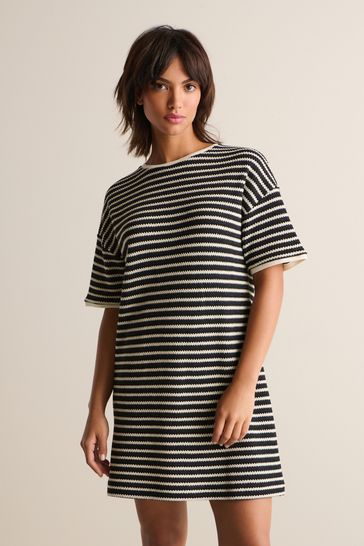 Black/White Mono Stripe Crochet Boxy T-Shirt Dress