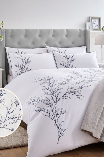 Laura Ashley Midnight Pussy Willow Sprig Embroidered Duvet Cover And Pillowcase Set