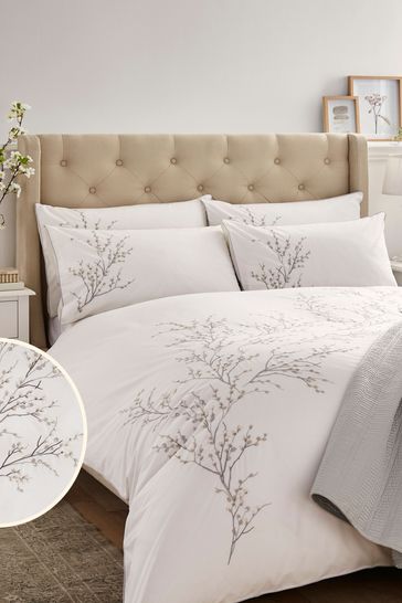 Laura Ashley Dove Grey Pussy Willow Sprig Embroidered Duvet Cover And Pillowcase Set