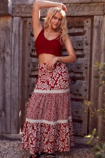 Red Spliced Print Textured Maxi Skirt With Crochet Trim