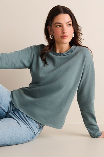 Teal Blue Relaxed Fit Textured Rib Long Sleeve Cosy Knit Jumper Top