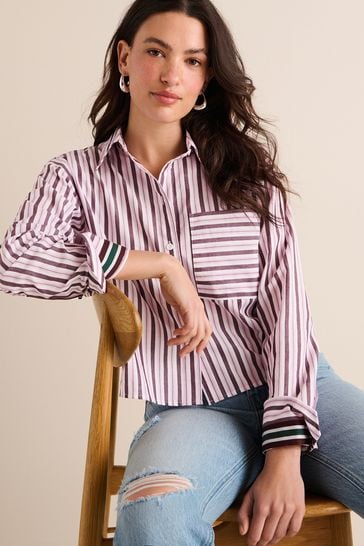 Burgundy Red Stripe Long Sleeve Cotton Cropped Shirt