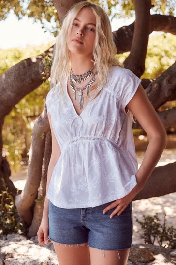 White Broderie V-Neck Lace Detail Short Sleeve Top
