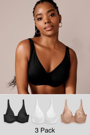 Black/White/Nude Non Pad Full Cup DD+ Microfibre Smoothing T-Shirt Bras 3 Pack