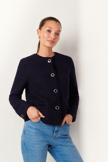 Navy Collarless Boucle Button Detail Jacket