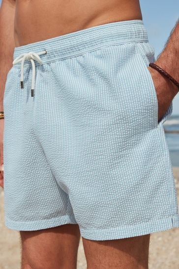 Blue on White Seersucker Striped Swim Shorts