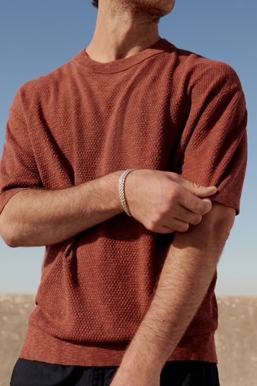 Rust Brown Relaxed Short Sleeve Knitted Crew Neck Jumper with Linen
