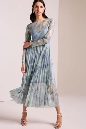Pale Blue Long Sleeve Foil Pleated Midi Dress