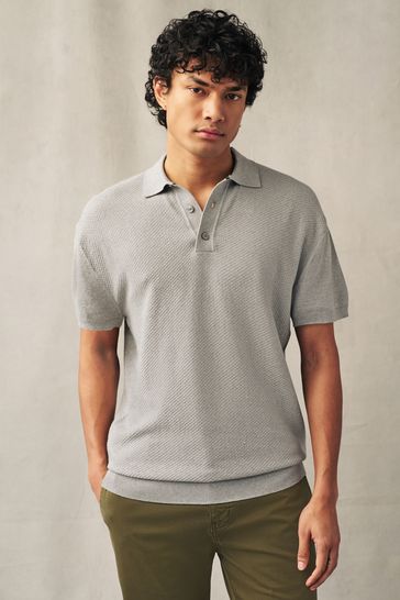 Grey Knitted Bubble Textured Regular Fit Polo Shirt