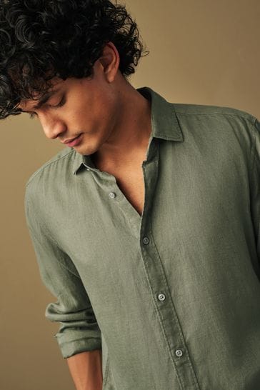 Green Regular Fit 100% Linen Long Sleeve Shirt