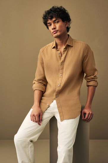 Neutral Brown Slim Fit 100% Linen Long Sleeve Shirt