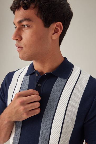 Navy Knitted Stripe Regular Fit Polo Shirt