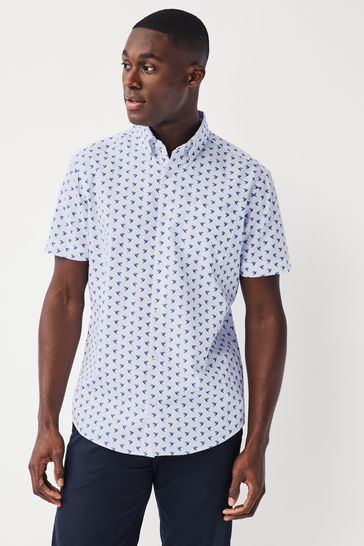Camisa Oxford blanca/azul de corte estándar y manga corta con botones de planchado fácil Hummingbird