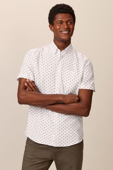 White/Neutral Brown Spot Regular Fit Short Sleeve Easy Iron Button Down Oxford Shirt