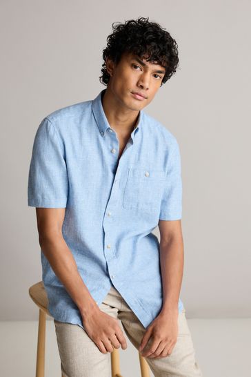 Blue Standard Collar Linen Blend Short Sleeve Shirt