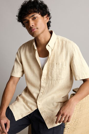 Natural Standard Collar Linen Blend Short Sleeve Shirt