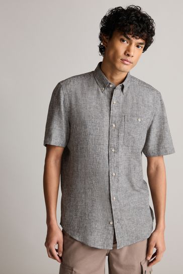 Grey Standard Collar Linen Blend Short Sleeve Shirt