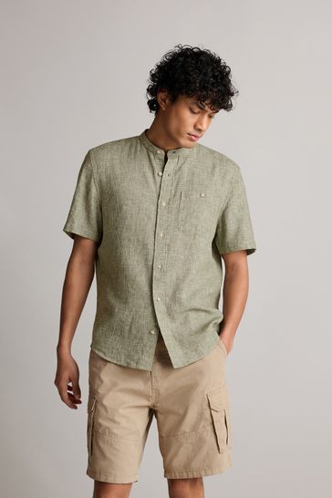 Green Grandad Collar Linen Blend Short Sleeve Shirt