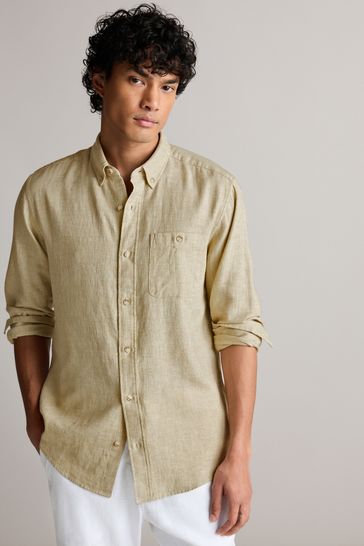 Camisa de manga larga con cuello básica color natural de mezcla de lino