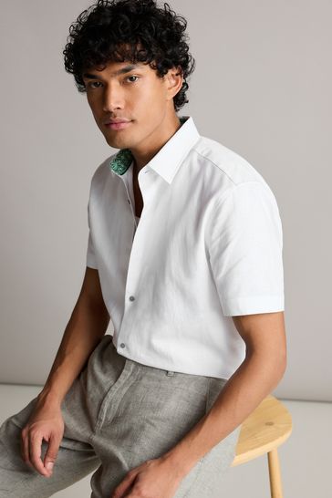 White Regular Fit Trimmed Linen Blend Short Sleeve Shirt