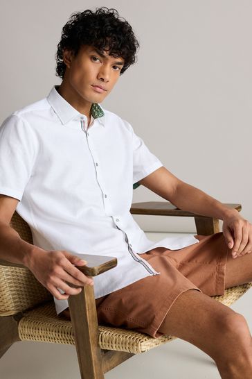 White Slim Fit Trimmed Linen Blend Short Sleeve Shirt