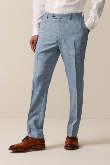 Light Blue Tailored Fit Check Suit Trousers