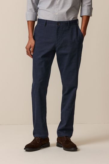 Navy Check Slim Brushed Belted Chinos Trousers