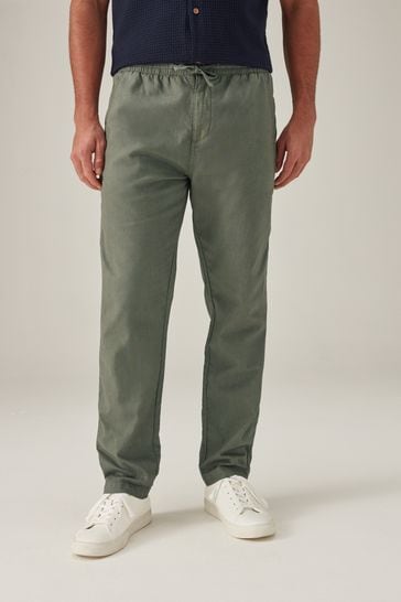Khaki Green Slim Linen Cotton Elasticated Drawstring Trousers