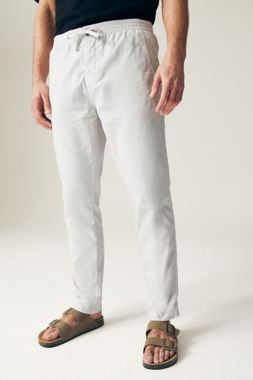 Light Grey Slim Fit Linen Cotton Elasticated Drawstring Trousers