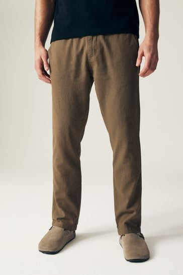 Tan Brown Slim Fit Linen Cotton Elasticated Drawstring Trousers