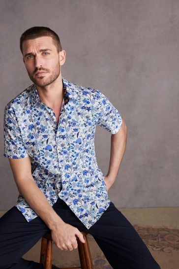 White/Blue Floral Signature Made With Italian Fabric Printed Short Sleeve Shirt