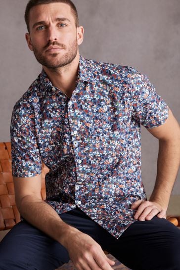 Blue Floral Signature Made With Italian Fabric Printed Short Sleeve Shirt