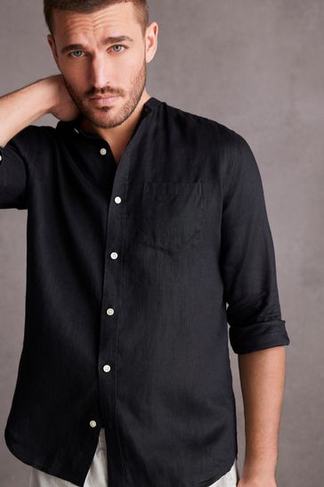 Black Grandad Collar Signature 100% Linen Long Sleeve Shirt