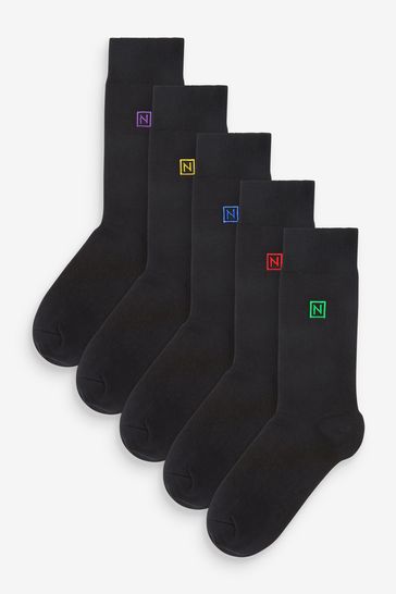 Multi Logo Black Embroidered Lasting Fresh Socks 5 Pack