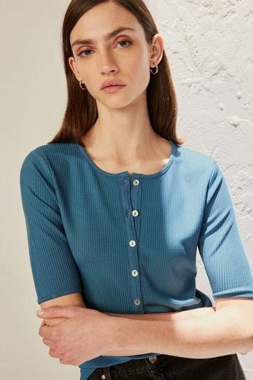 Teal Blue Ribbed Short Sleeve Premium Henley T-Shirt