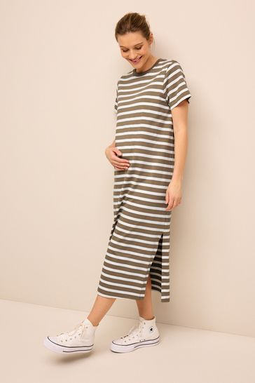 Neutral Maternity Stripe T-Shirt Dress