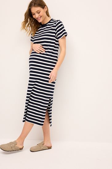 Navy Blue Maternity Stripe T-Shirt Dress