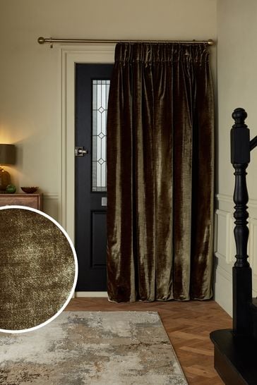 Olive Green Collection Luxe Heavyweight Plush Velvet Super Pencil Pleat Thermal Door Curtain