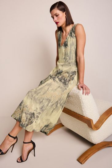 Brown Scenic Print Linen Blend V-Neck Midi Dress